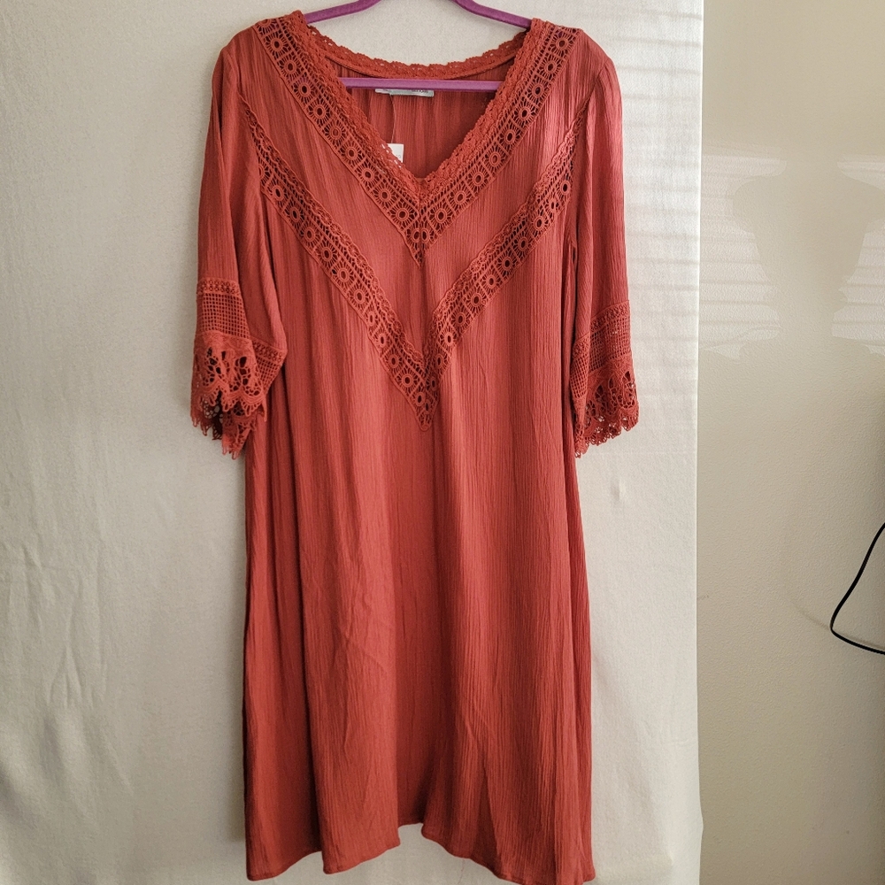 NWT Maurices Boho Gauze And Lace Coral Dress Large